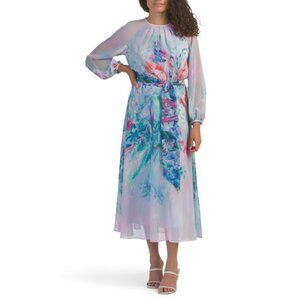 TERI JON Light Blue Multi Chiffon Floral Print Long Sleeve A-line Dress